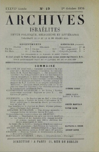 Archives israélites de France. Vol.37 N°19 (01 oct. 1876)